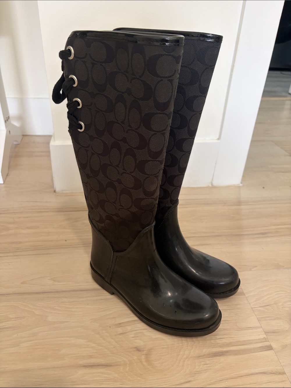 Coach Brown Signature Tall Rain Boots with Lace-Up Back